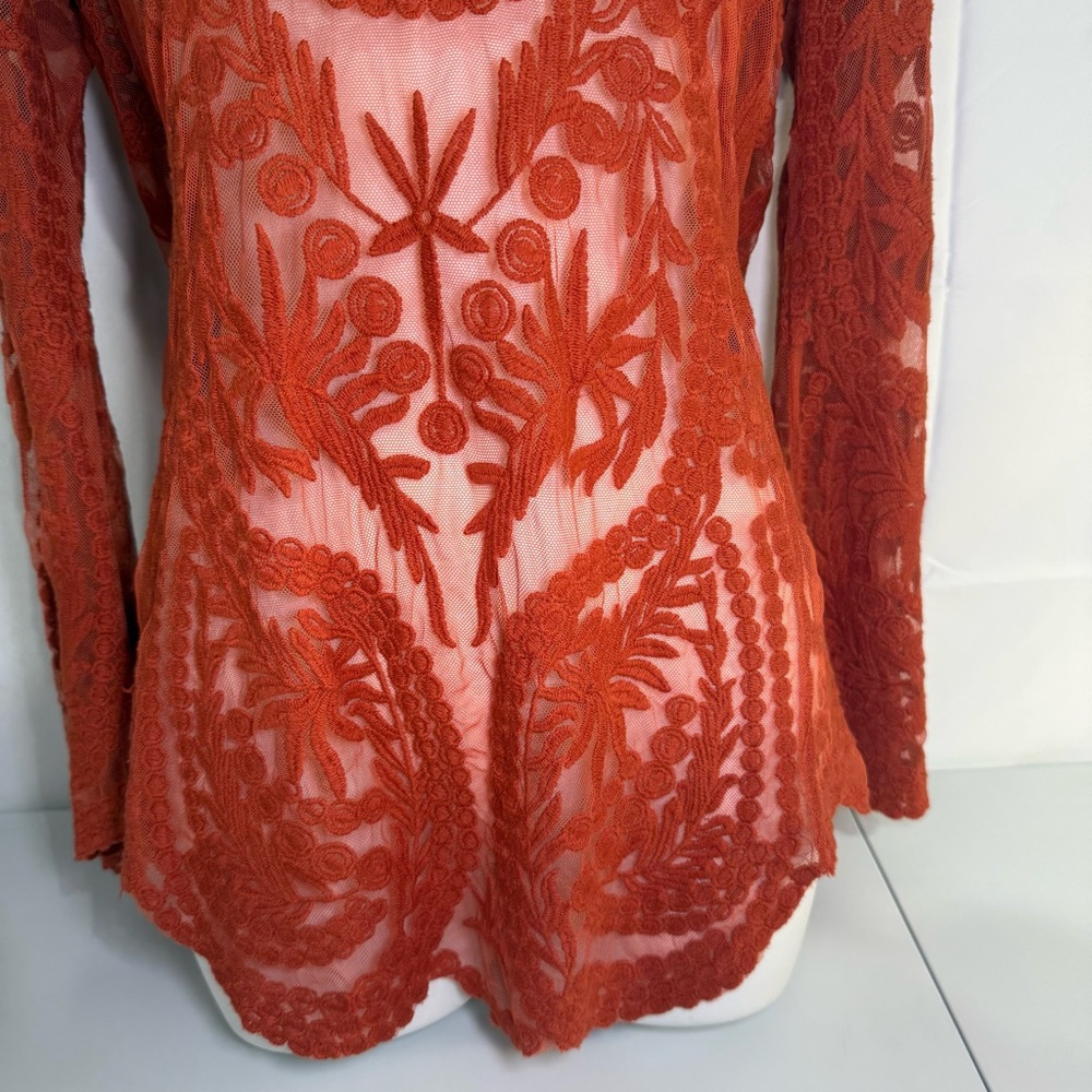 Umgee Burnt Orange Lace Sheer Boho Tunic Top Bell Sleeve M/L - Picture 4 of 11